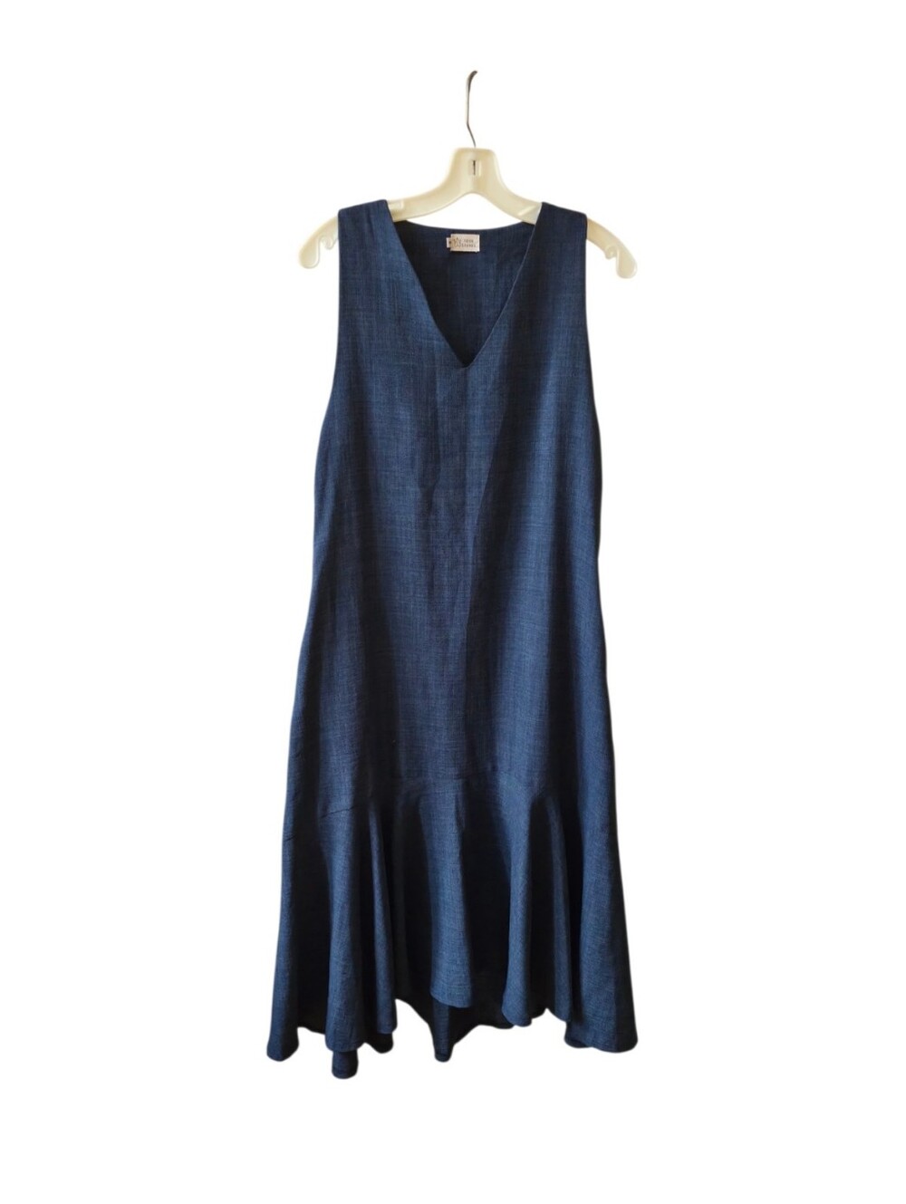 Four Cranes Women's Blue Linen Blend Sleeveless Midi Dress Flounce Hem Size Sm.